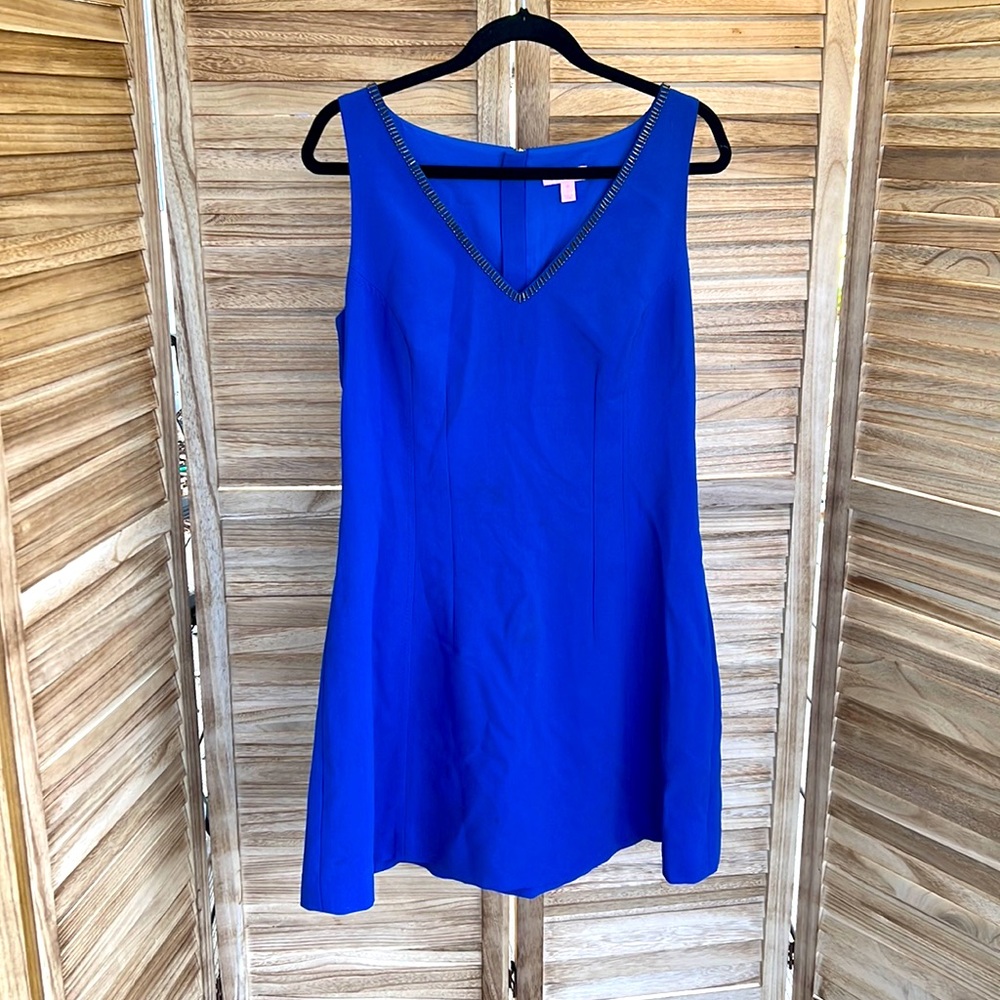 (14) Lilly Pulitzer Blue Office Work Dress Beaded V Neck sleeveless
